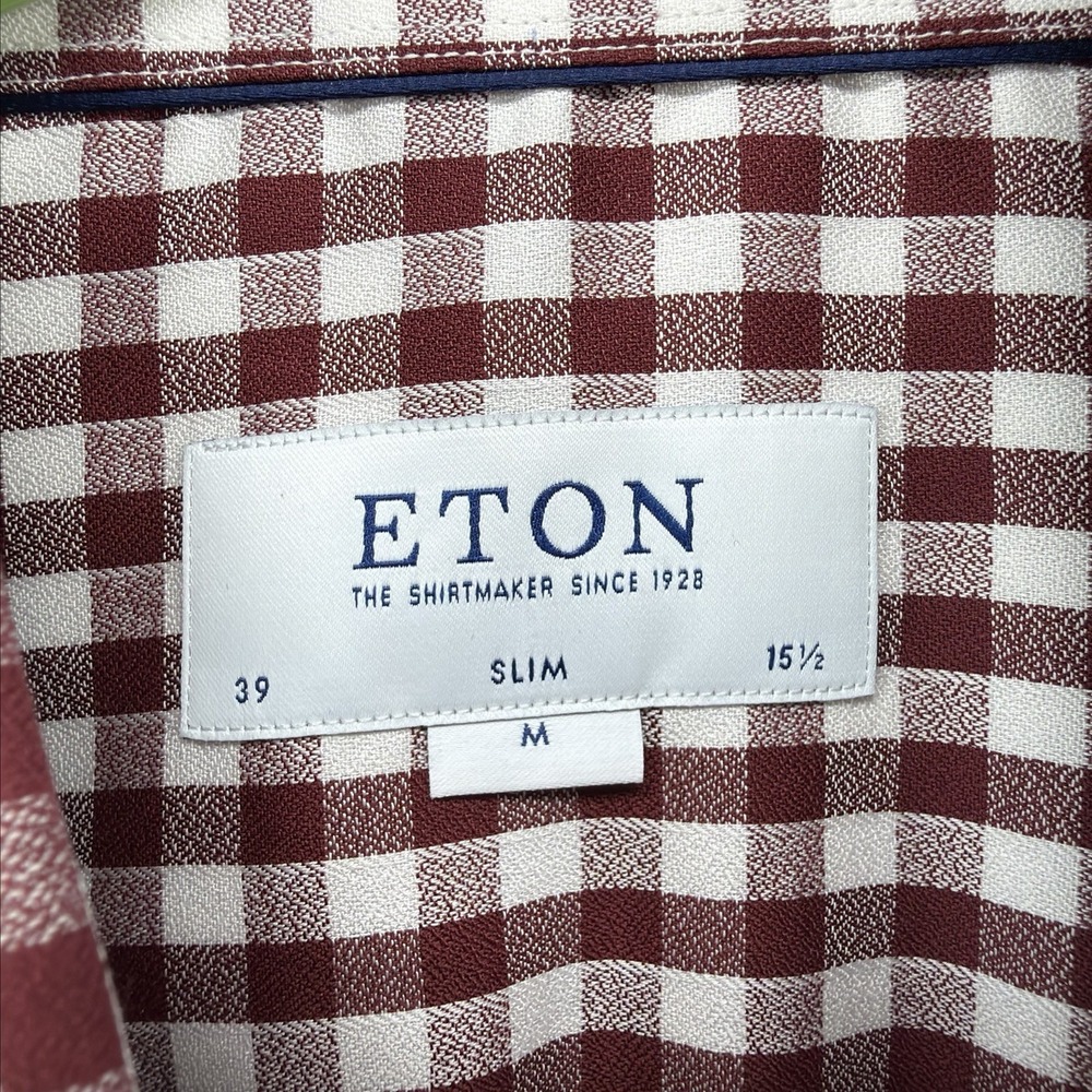 Eton Shirt Mens Med 39 / 15.5 Red White Gingham Check Plaid Slim Fit Button Down - Picture 11 of 16